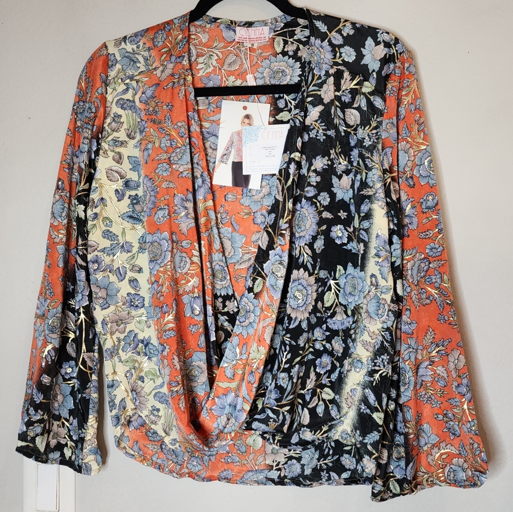 NWT CIENNA Silk Blend Nala Cross Over Top Blouse Gold Foil Blue Orange Small